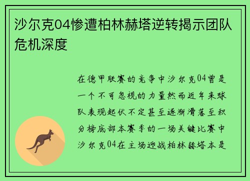 沙尔克04惨遭柏林赫塔逆转揭示团队危机深度