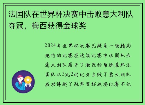 法国队在世界杯决赛中击败意大利队夺冠，梅西获得金球奖
